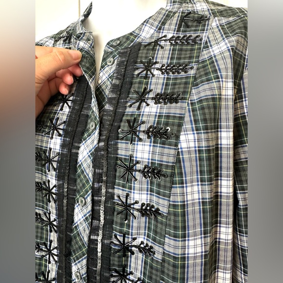 New J.CREW Embellished Tartan Plaid Shirt Blouse Green Sequin Beaded Snowflake - Picture 6 of 16